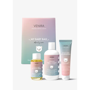 VENIRA beauty bag, dárková sada - dětský šampon pro první vlásky, dětský krém na opruzeniny, dětský olej na masáž bříška