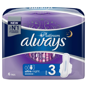 
				Always Platinum Ultra Night hygienické vložky s křidélky a jemnou vůní 6 ks/bal.
		
