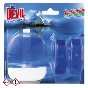 
				Dr. Devil 3v1 Polar Aqua, tekutý WC blok, košíček + 3x náplň 55 ml
		
