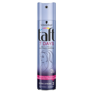 
				Taft 7 Days Anti-Frizz pro účes bez krepatění extra silná fixace lak na vlasy 250 ml
		